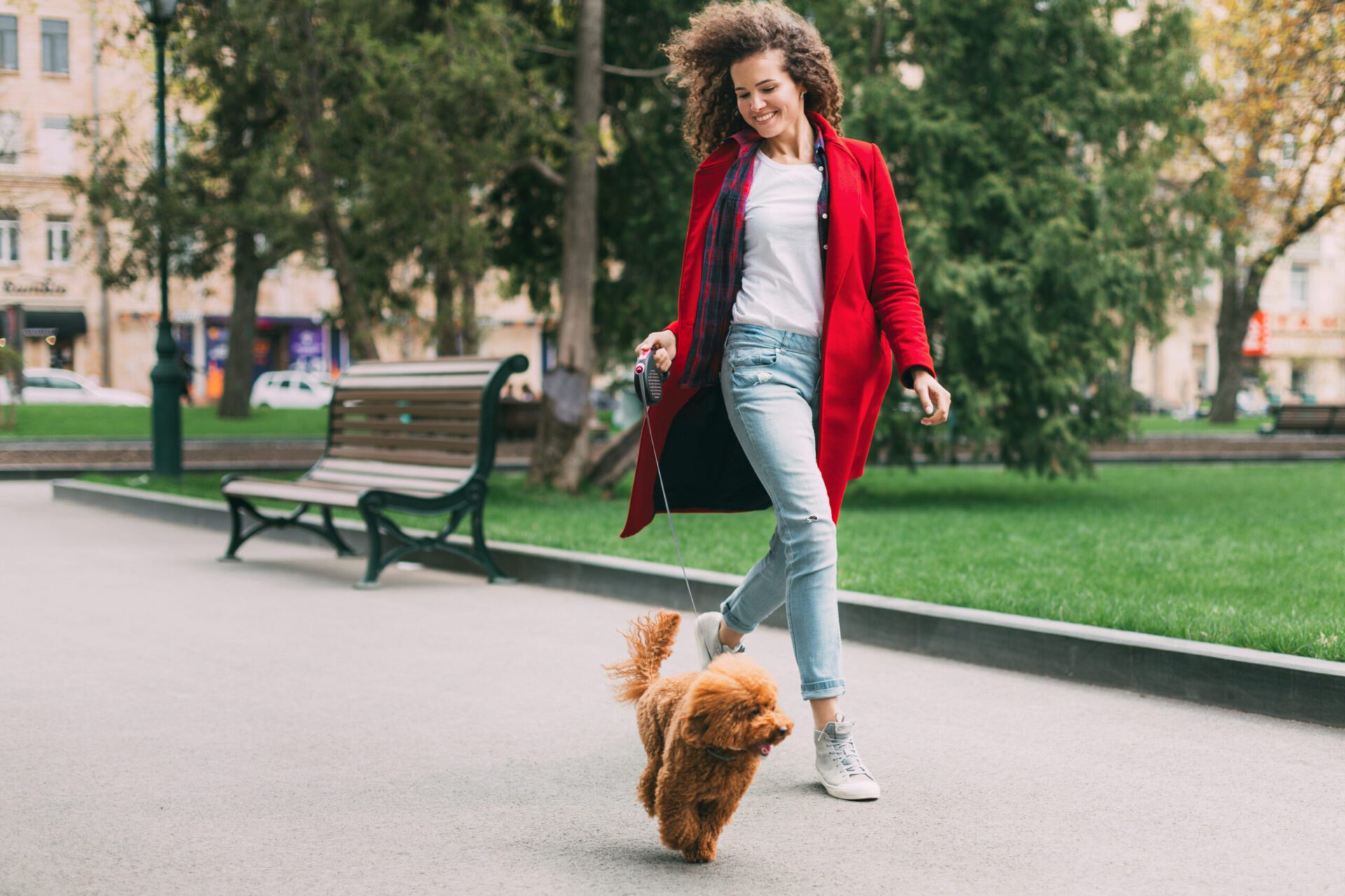 Happy,Stylish,Woman,Walking,With,Her,Poodle,Dog,At,Park,